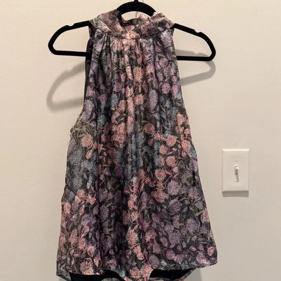 J. Crew Collection Metallic Floral Shimmer Tie-Neck Halter Top - L - Picture 2 of 5